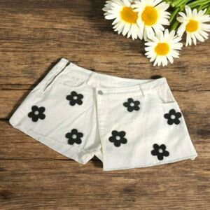 POL White Wrap Denim Skort with Pearl Embellished Black Flowers Size Small